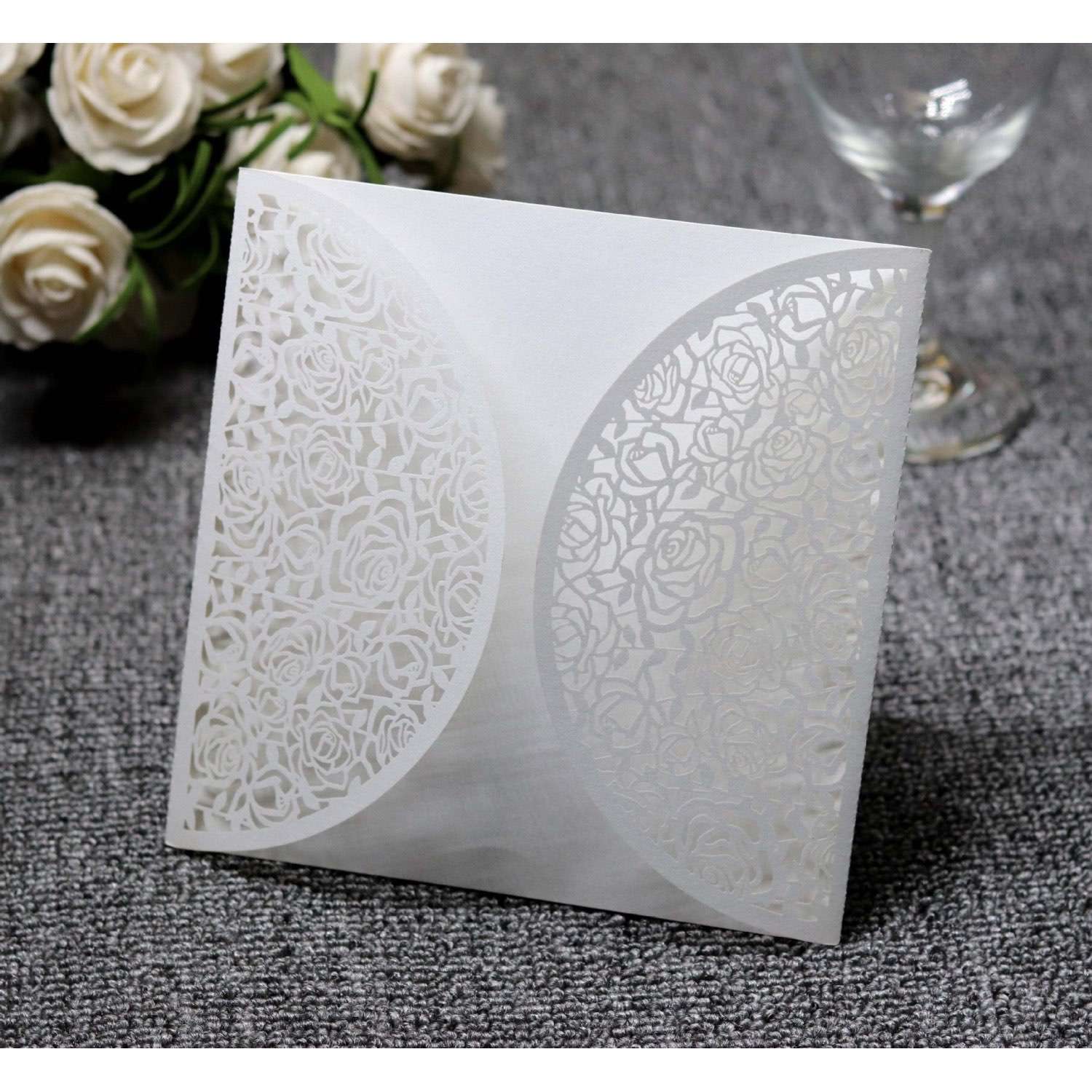 Laser Holder White Rose Invitation Wedding Card Wholesale Square Invitation Card